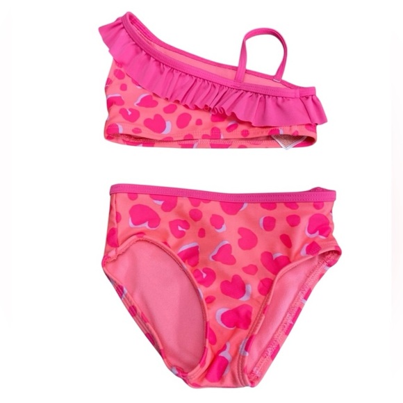 Cat & Jack Girls' One Shoulder Ruffle Bikini Set Size 12M Pink Hearts Swimsuit - Picture 1 of 10